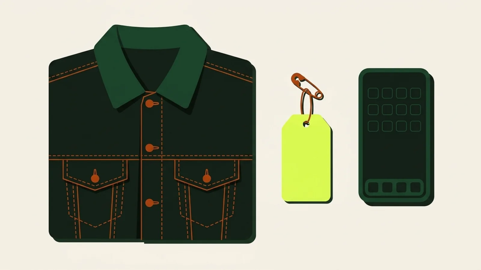 A cut-paper illustration seen from above: a denim jacket folded flat with its collar showing, a swing tag on a safety pin, and a plain phone showing an empty grid of blank squares.